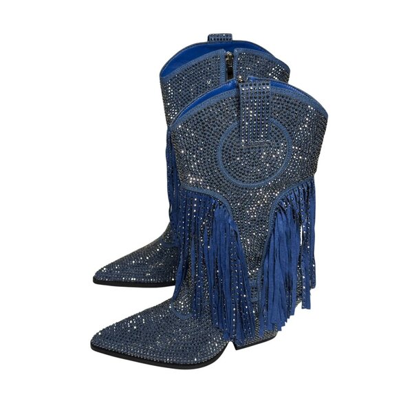 NWT Azalea Wang Rhinestone Fringe Denim Western Boots Blue Cowgirl Glam - Picture 6 of 11